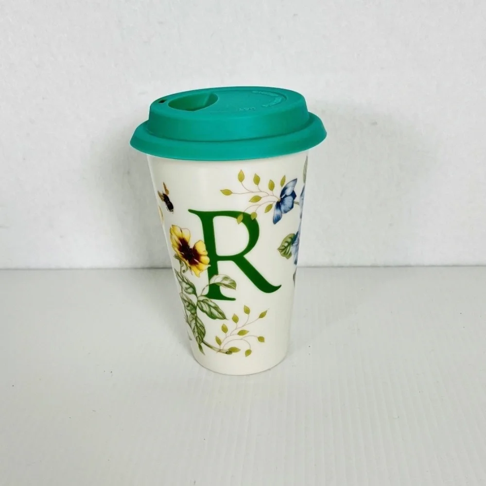 LENOX Butterfly Meadow Letter R Double Wall Thermal Ceramic Travel Tumbler Mug